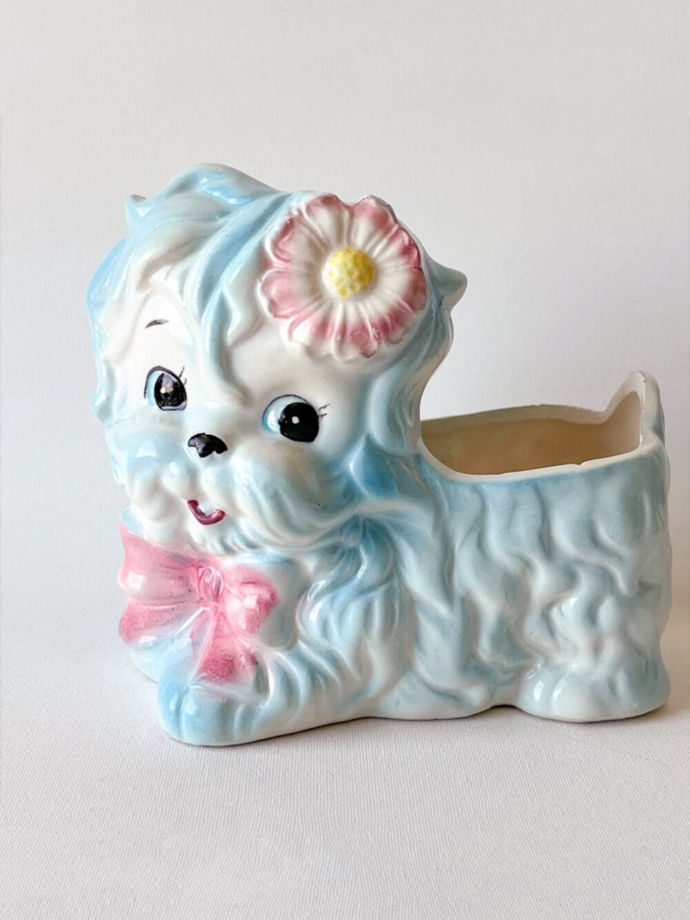 Vintage Rubens Originals Anthropomorphic Puppy Dog Planter w/ Pink Flower Rare